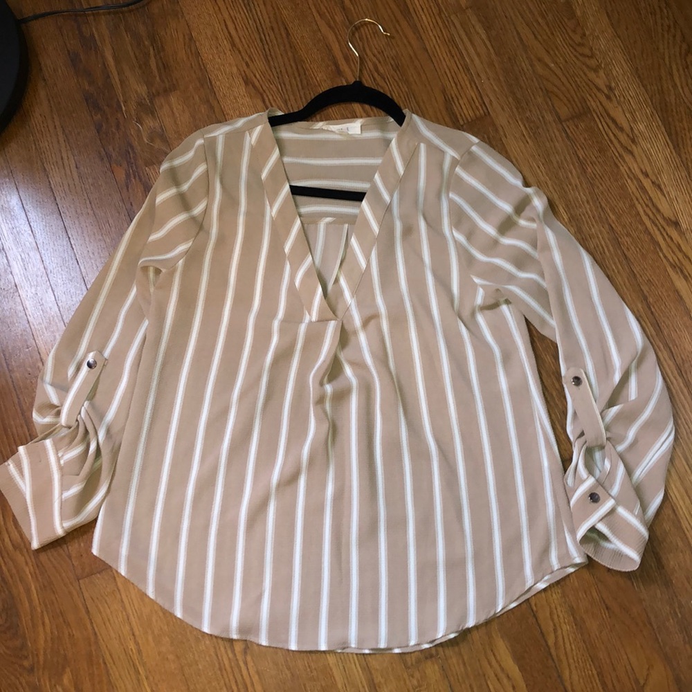 Tan and White Striped Shirt/ Size Small